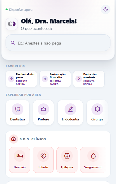 Print da home do OdontoDex com busca, favoritos, áreas clínicas e S.O.S. clínico